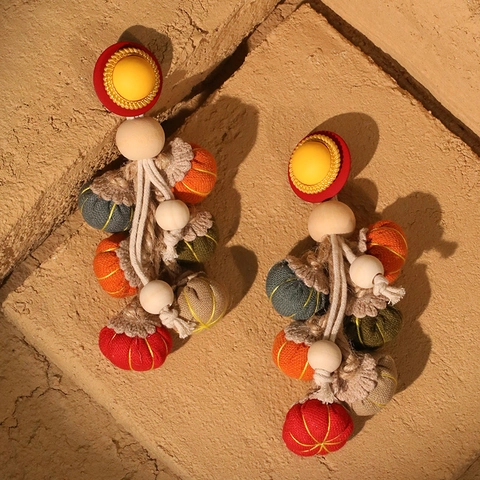 Orecchini Pendenti Zucca Tessuto Fatti A Mano Bohémien Perline Legno Stile Etnico Halloween Acciaio Inossidabile