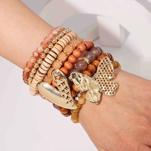 Böhmische Mehrlagige Armbänder Mit Holz Glasperlen Und Legierung Schmetterling Herz Anhänger Handgefertigter Schmuck