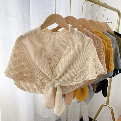 Knitted Hollow Out Small Shawl Detachable Collar Polyester Crochet Wave Edge Shoulder Wrap For Women