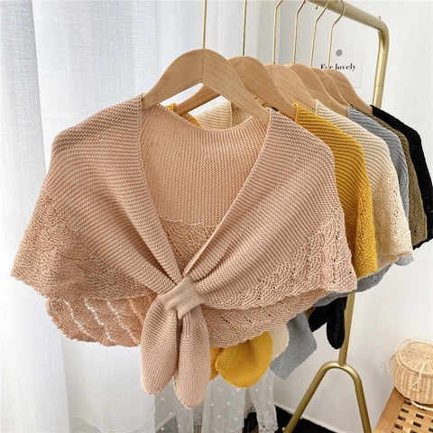 Knitted Hollow Out Small Shawl Detachable Collar Polyester Crochet Wave Edge Shoulder Wrap For Women