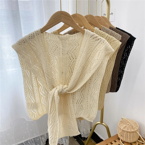 Damen Strick Schal Gehäkelt Hohlmuster Wellenstruktur Bindegürtel Leichtes Polyester Falscher Kragen Sommer Mode