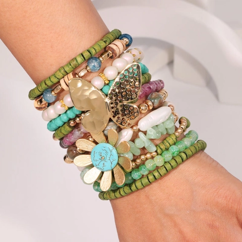 Ensemble De Bracelets Multicouches Bohème Alliage Papillon Tournesol Verre Bois Pierre Naturelle Bijoux Pour Femmes