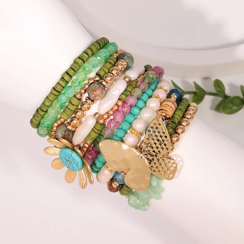 Ensemble De Bracelets Multicouches Bohème Alliage Papillon Tournesol Verre Bois Pierre Naturelle Bijoux Pour Femmes