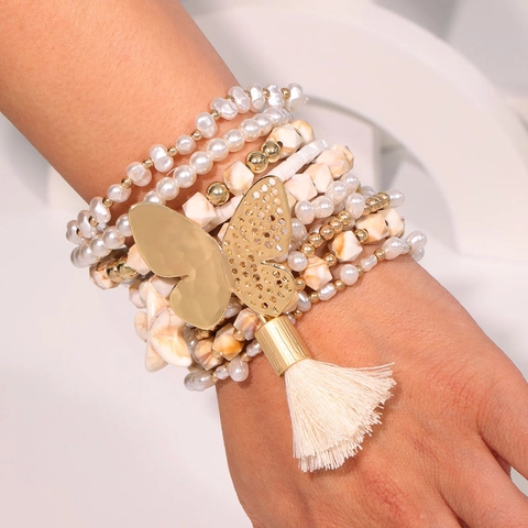 Bohemian Beaded Bracelet With Butterfly Pendant Starfish Charm Tassel Faux Artificial Pearl Stackable Multilayer Jewelry For Women