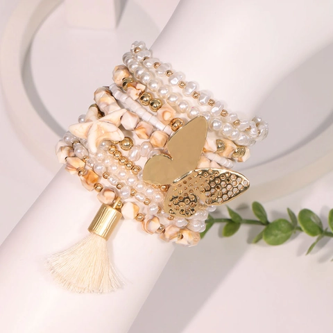 Bohemian Beaded Bracelet With Butterfly Pendant Starfish Charm Tassel Faux Artificial Pearl Stackable Multilayer Jewelry For Women