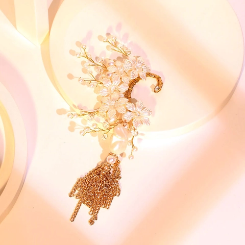 Ear Cuff Perla Artificial Floreale Con Nappe Catena Lunga Lega Cristallo Fiore Sposa Matrimonio Gioielli Vintage Accessori
