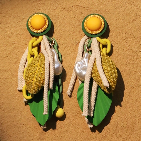 Übertriebene Blatt Ohrhänger Legierung Harz Polyester Kunstperle Und Edelstahl Ohrstecker Bohemian Für Damen