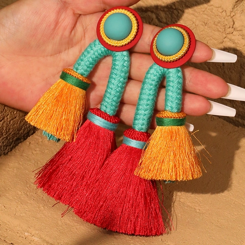 Orecchini Bohemien Con Nappe Multicolore Filo Di Raso Intrecciato Lega Resina Stile Etnico Donne Perno In Acciaio Inossidabile