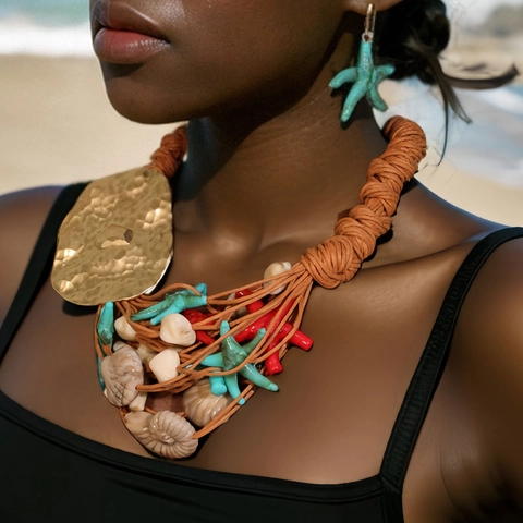 Bohemian Ocean Starfish Shell Statement Necklace And Earrings Hammered Gold Beach Vacation Jewelry For Women