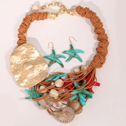 Bohemian Ocean Starfish Shell Statement Necklace And Earrings Hammered Gold Beach Vacation Jewelry For Women