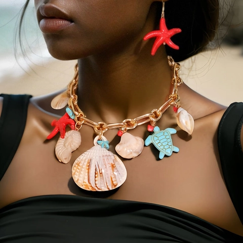 Starfish Shell Turtle Charm Necklace And Earrings Alloy Chunky Chain Summer Beach Vacation Jewelry For Women