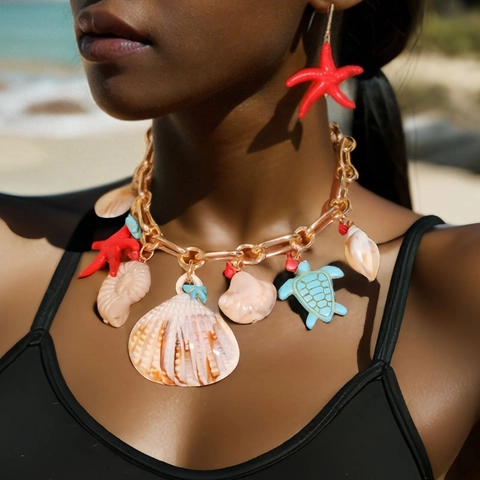 Starfish Shell Turtle Charm Necklace And Earrings Alloy Chunky Chain Summer Beach Vacation Jewelry For Women