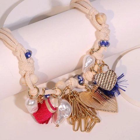 Bohemian Heart Pendant Necklace Alloy Woven Polyester Rope Faux Artificial Pearl And Satin Tassels For Women Ethnic Style Statement
