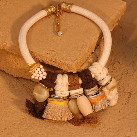Bohemian Tassel Statement Ketting Met Geweven Polyester Touw Hars Kralen En Legering Eikel Hanger Voor Dames Etnische Stijl