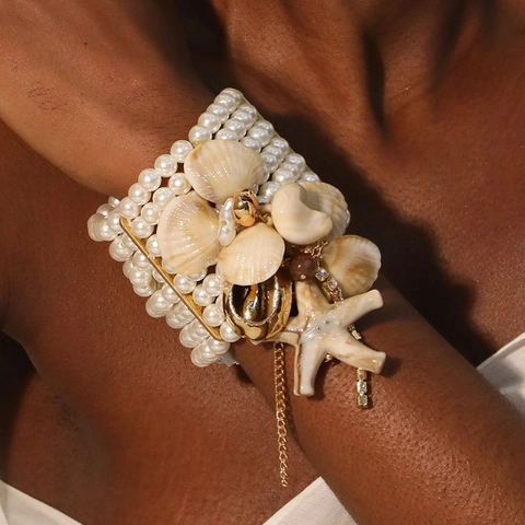 Multi Layer Imitation Artificial Pearl Bracelet Ocean Style Starfish Shell Charms Wide Cuff Elastic Bohemian Beach Jewelry Women