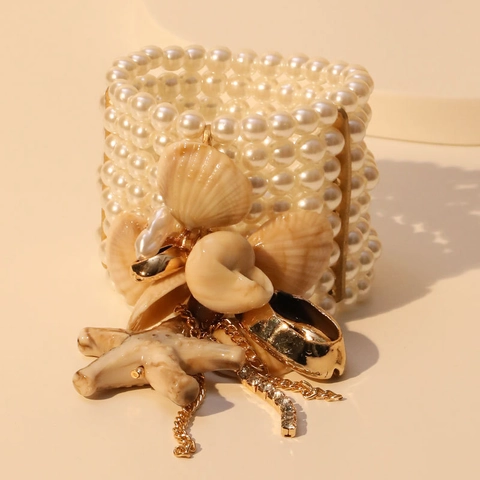 Multi Layer Imitation Artificial Pearl Bracelet Ocean Style Starfish Shell Charms Wide Cuff Elastic Bohemian Beach Jewelry Women