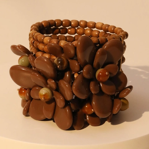 Pulsera De Flores De Acrílico Y Cuentas De Madera Hecha A Mano Multicapa Brazalete Ancho Elástico Bohemio Mujer