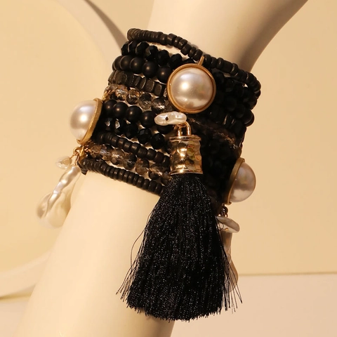 Bracciale Di Perline Multistrato Bohémien Con Nappa Nera Perla Artificial Barocca Imitazione Legno Vetro Lega Retro Impilabile