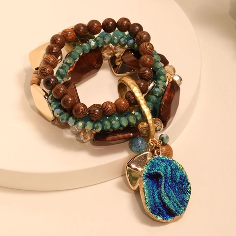 Bracciale Multistrato Con Perline Bohemien Da Donna Vintage Etnico Legno Vetro Lega Resina Ciondolo Druzy