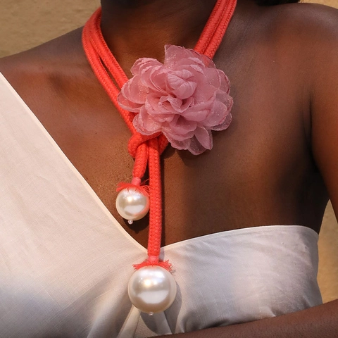 Handmade Mesh Flower Pendant Necklace Layered Polyester Rope Faux Artificial Pearl Summer Boho Clavicle Chain For Women