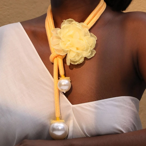 Handmade Mesh Flower Pendant Necklace Layered Polyester Rope Faux Artificial Pearl Summer Boho Clavicle Chain For Women
