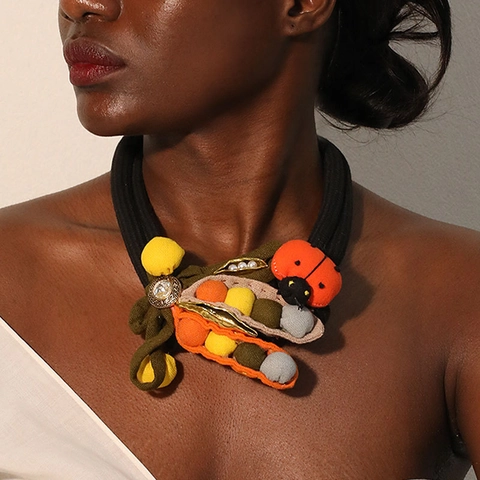 Handmade Fabric Ladybug Pea Pod Necklace Double Layer Polyester Rope Alloy Rhinestone Artistic Jewelry For Women