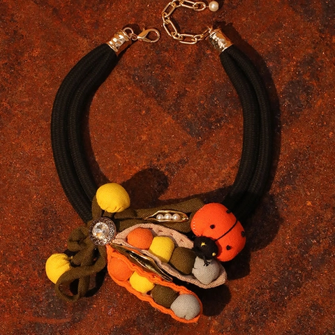 Handmade Fabric Ladybug Pea Pod Necklace Double Layer Polyester Rope Alloy Rhinestone Artistic Jewelry For Women