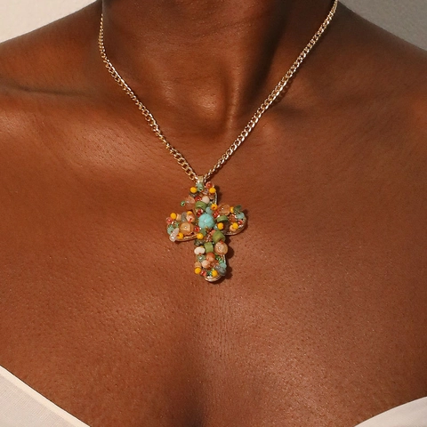 Bohemian Cross Pendant Necklace Colorful Glass Wood Beads Gold Alloy Chain Vintage Ethnic Jewelry For Women