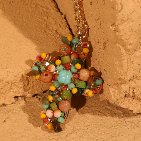 Bohemian Cross Pendant Necklace Colorful Glass Wood Beads Gold Alloy Chain Vintage Ethnic Jewelry For Women