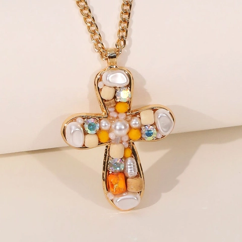 Cross Pendant Necklace Alloy Imitation Artificial Pearl Artificial Crystal Wood Bohemian Vintage Jewelry Gift For Women