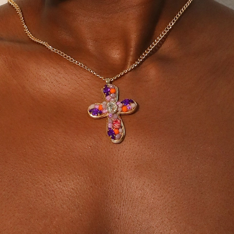Vintage Bohemian Cross Pendant Necklace For Women Alloy Inlaid Colorful Rhinestone Glass Beads Jewelry Accessory