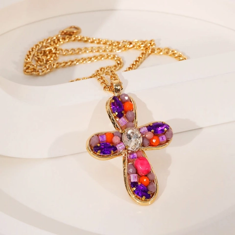 Vintage Bohemian Cross Pendant Necklace For Women Alloy Inlaid Colorful Rhinestone Glass Beads Jewelry Accessory