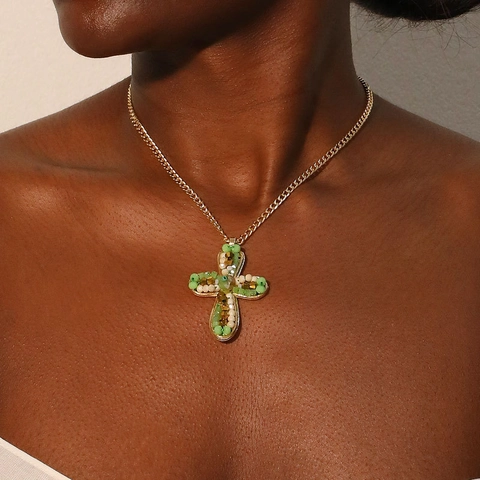 Vintage Bohemian Cross Pendant Necklace Handmade Beaded Alloy Artificial Crystal Multi Color Ethnic Style Women Jewelry