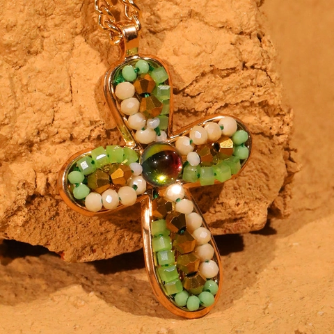 Vintage Bohemian Cross Pendant Necklace Handmade Beaded Alloy Artificial Crystal Multi Color Ethnic Style Women Jewelry