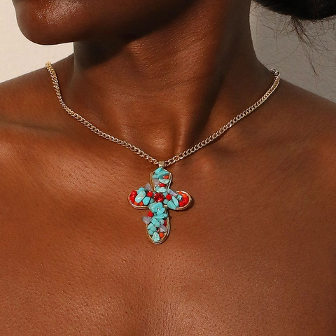 Collana Con Pendente A Croce Lega Cristallo Artificiale Pietra Naturale Fatta A Mano Stile Bohemien Etnico