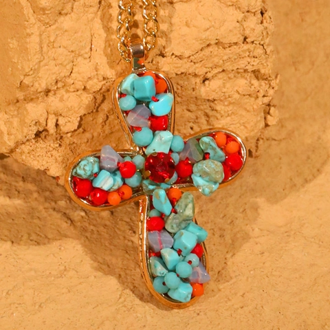 Collana Con Pendente A Croce Lega Cristallo Artificiale Pietra Naturale Fatta A Mano Stile Bohemien Etnico