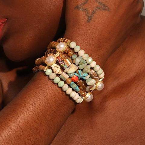 Bohemian Multi Layer Beaded Bracelet With Wood Natural Stone Shell Starfish Faux Artificial Pearl Ocean Beach Style For Women