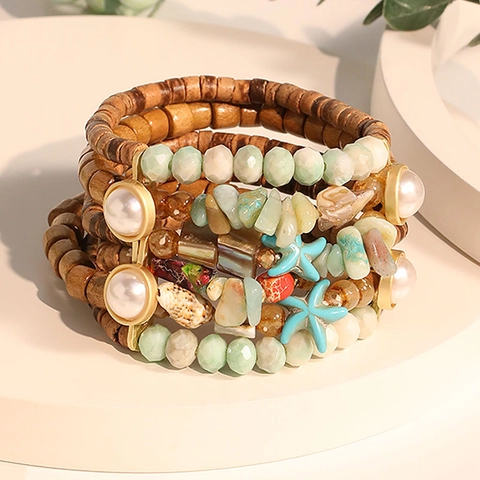 Bohemian Multi Layer Beaded Bracelet With Wood Natural Stone Shell Starfish Faux Artificial Pearl Ocean Beach Style For Women