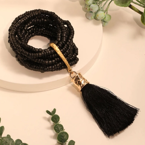 Bohemian Multi Layer Beaded Bracelet With Hammered Alloy Piece And Long Tassel Ethnic Style Vintage Jewelry For Women