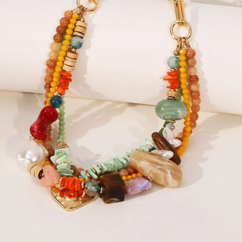 Collana Di Perline Multistrato Boho Con Pietra Naturale Resina Legno Finta Perla Artificial Pendente A Cuore In Lega Catena Alluminio