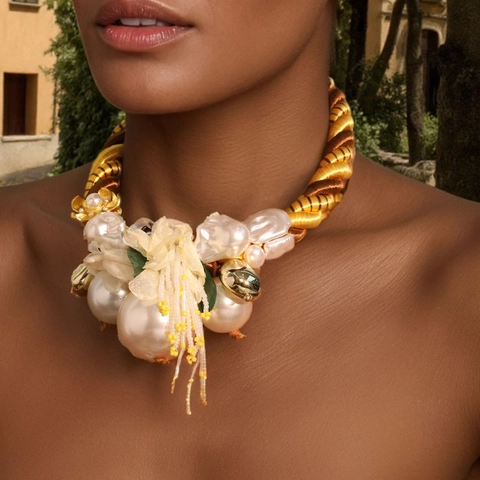 Collana Statement Orecchini Boho Fiori Künstliche Perle Imitazione Corda Poliestere Alluminio Fiore Tessuto Gioielli Per Donna