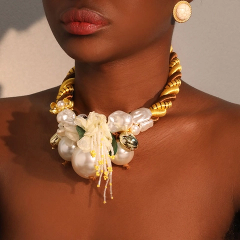 Collana Statement Orecchini Boho Fiori Künstliche Perle Imitazione Corda Poliestere Alluminio Fiore Tessuto Gioielli Per Donna