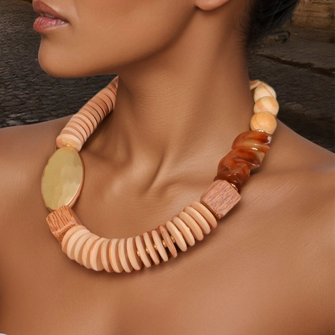 Bohemian Beaded Necklace Wood Resin Alloy Handmade Statement Ethnic Jewelry For Women Earth Tone