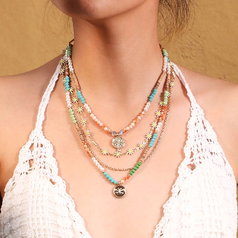 Collana Multistrato Lega Cristallo Artificiale Finta Perla Artificial Margherita Boho Estate Donne Ciondolo Moneta
