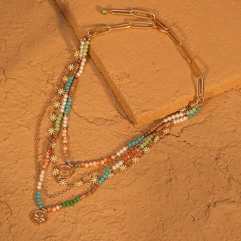 Collana Multistrato Lega Cristallo Artificiale Finta Perla Artificial Margherita Boho Estate Donne Ciondolo Moneta