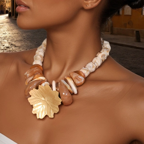 Bohemian Statement Necklace With Maple Leaf Alloy Pendant And Marble Pattern Resin Beads Exaggerated Jewelry For Women