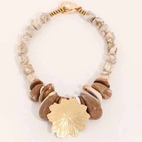 Bohemian Statement Necklace With Maple Leaf Alloy Pendant And Marble Pattern Resin Beads Exaggerated Jewelry For Women