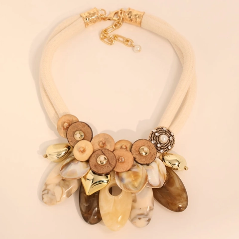 Collana Statement Bohemienne Corda Cotone Legno Resina Lega Ciondolo Cuore Etnico Vintage Gioielli Donna