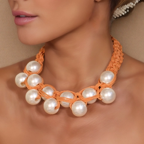 Collar Pendientes Bohemia Cuerda De Cera Tejida A Mano Perla Artificial De Imitación Grande Gargantilla Joyería Mujer Estilo Étnico