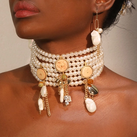 Multi Layer Imitation Artificial Pearl Choker Necklace And Earrings Baroque Style Vintage Tassel Handmade Jewelry For Women